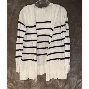 Cynthia Rowley White & Navy Striped Linen Blend Open Hooded Cardigan M